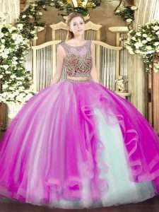 Fashion Floor Length Lace Up Vestidos de Quinceanera Fuchsia for Military Ball and Sweet 16 and Quinceanera with Beading