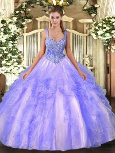 Ideal Lavender Ball Gowns Beading and Ruffles Quinceanera Gowns Lace Up Tulle Sleeveless Floor Length