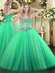 Custom Made Sweetheart Sleeveless Sweet 16 Quinceanera Dress Floor Length Beading Turquoise Tulle