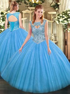 Elegant Scoop Sleeveless Lace Up 15 Quinceanera Dress Baby Blue Tulle