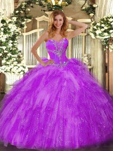 Modest Sweetheart Sleeveless Quinceanera Gown Floor Length Beading and Ruffles Eggplant Purple Organza