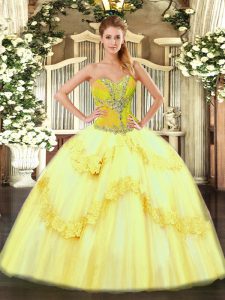 Fantastic Yellow Tulle Lace Up 15 Quinceanera Dress Sleeveless Floor Length Beading and Ruffles