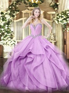 Eye-catching Sleeveless Tulle Floor Length Lace Up Quinceanera Gown in Lavender with Beading and Ruffles