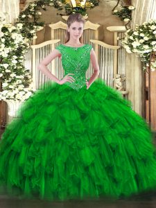 Green Organza Zipper Quinceanera Gowns Sleeveless Floor Length Beading and Ruffles