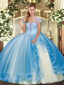Strapless Sleeveless Tulle Quinceanera Dress Appliques and Ruffles Lace Up