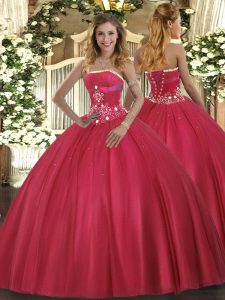Sumptuous Strapless Sleeveless Lace Up Quinceanera Gowns Red Tulle