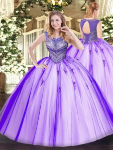 Beautiful Floor Length Lace Up 15 Quinceanera Dress Lavender for Sweet 16 and Quinceanera with Beading