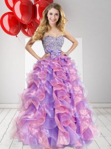 Flare Beading and Ruffles and Bowknot Prom Evening Gown Multi-color Lace Up Sleeveless Floor Length