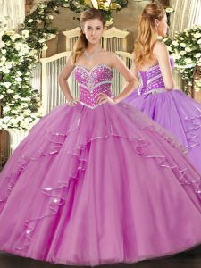 Exquisite Lilac Lace Up Sweetheart Beading and Ruffles Vestidos de Quinceanera Tulle Sleeveless