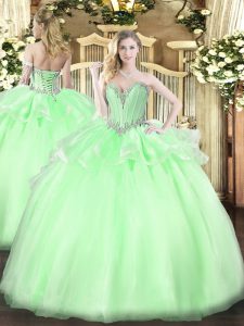Great Sleeveless Organza Floor Length Lace Up Ball Gown Prom Dress in Apple Green with Beading