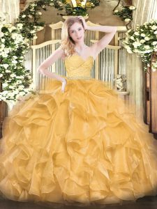 Comfortable Gold Sleeveless Floor Length Beading and Lace and Ruffles Zipper Quinceanera Gown