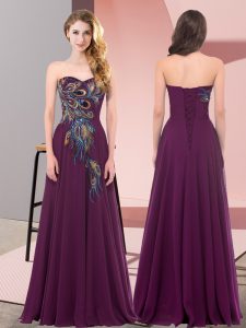 Great Dark Purple Empire Chiffon Sweetheart Sleeveless Embroidery Floor Length Lace Up Prom Gown