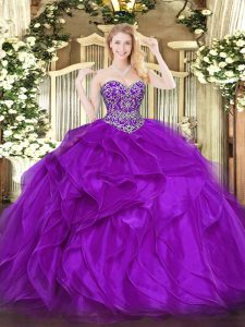 Glorious Eggplant Purple Sleeveless Floor Length Beading and Ruffles Lace Up Quinceanera Gowns