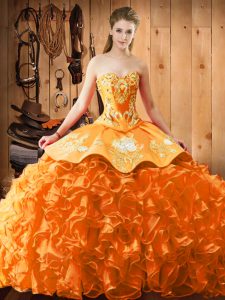 Orange Red Ball Gowns Satin and Organza Sweetheart Sleeveless Embroidery and Ruffles Lace Up 15th Birthday Dress Brush T