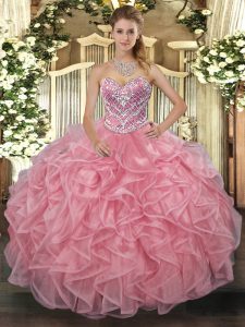 Sleeveless Tulle Floor Length Lace Up Sweet 16 Dress in Pink with Beading