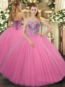 Floor Length Rose Pink Vestidos de Quinceanera Sweetheart Sleeveless Lace Up
