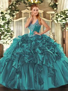 Teal Lace Up Straps Beading and Ruffles Quinceanera Gown Organza Sleeveless
