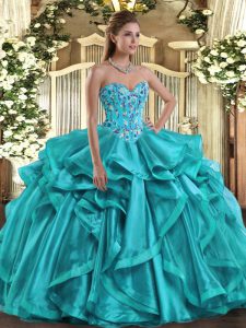 Teal Organza Lace Up Quinceanera Dresses Sleeveless Floor Length Embroidery and Ruffles