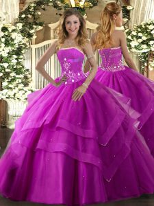 Glittering Tulle Sleeveless Floor Length Sweet 16 Quinceanera Dress and Beading and Ruffled Layers