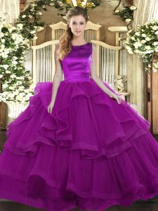 Fancy Sleeveless Floor Length Ruffles Lace Up 15th Birthday Dress with Purple