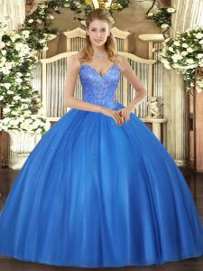Comfortable Blue Lace Up Ball Gown Prom Dress Beading Sleeveless Floor Length