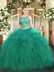 Gorgeous Sleeveless Tulle Floor Length Lace Up 15th Birthday Dress in Turquoise with Beading and Ruffles