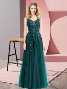 Turquoise Tulle Backless Square Sleeveless Floor Length Evening Dress Beading and Appliques