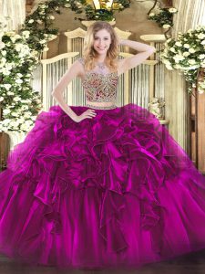 Pretty Floor Length Fuchsia Sweet 16 Quinceanera Dress Organza Sleeveless Beading and Ruffles