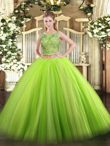Green Tulle Lace Up Scoop Sleeveless Floor Length 15th Birthday Dress Beading