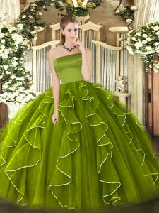 Suitable Floor Length Olive Green Sweet 16 Quinceanera Dress Tulle Sleeveless Ruffles