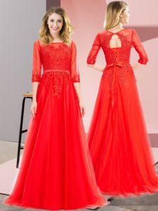 Sumptuous Red Lace Up Square Lace Prom Gown Tulle 3 4 Length Sleeve