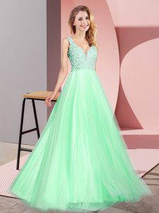Sweet Apple Green Sleeveless Lace Floor Length Prom Gown