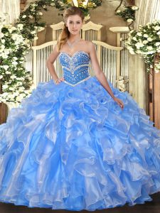 Affordable Baby Blue Sweetheart Neckline Beading and Ruffles Sweet 16 Dress Sleeveless Lace Up
