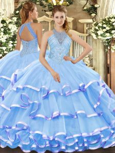 Perfect Sleeveless Organza Floor Length Lace Up Ball Gown Prom Dress in Aqua Blue with Beading and Ruffled Layers