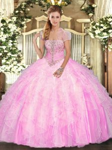 Floor Length Rose Pink Ball Gown Prom Dress Tulle Sleeveless Appliques and Ruffles