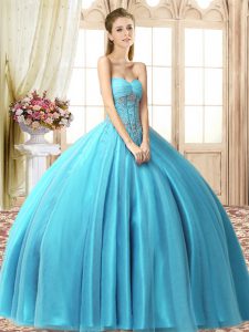 High Quality Aqua Blue Ball Gowns Beading 15 Quinceanera Dress Lace Up Tulle Sleeveless Floor Length