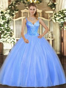 Fashionable Blue Sleeveless Tulle Lace Up Ball Gown Prom Dress for Military Ball and Sweet 16 and Quinceanera