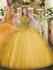 Eye-catching Gold Sleeveless Beading and Ruffles Floor Length 15th Birthday Dress