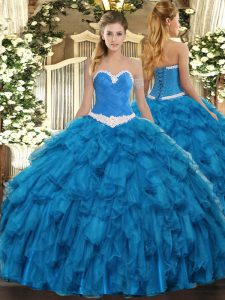 Floor Length Lace Up Sweet 16 Dress Blue for Military Ball and Sweet 16 and Quinceanera with Appliques and Ruffles