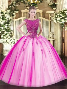 Cheap Fuchsia Lace Up Quinceanera Dresses Beading and Appliques Cap Sleeves Floor Length