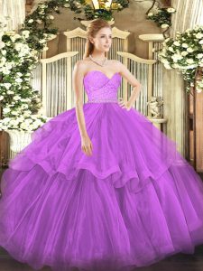 Fuchsia Tulle Zipper Sweetheart Sleeveless Sweet 16 Quinceanera Dress Brush Train Beading and Lace and Ruffled Layers