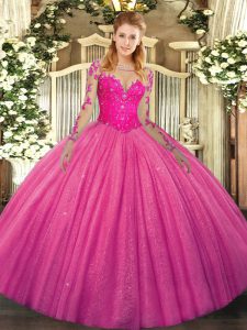 Lace Ball Gown Prom Dress Hot Pink Lace Up Long Sleeves Floor Length