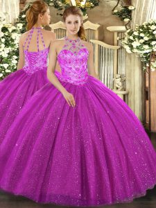 Sleeveless Tulle Floor Length Lace Up Sweet 16 Dresses in Fuchsia with Beading and Embroidery and Sequins