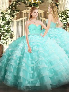 Custom Made Aqua Blue Ball Gowns Beading and Lace and Ruffled Layers 15 Quinceanera Dress Zipper Tulle Sleeveless Floor 