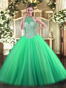 Sumptuous Halter Top Sleeveless Lace Up Quinceanera Gown Green Tulle