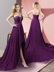 High Low Zipper Prom Dress Purple for Prom and Party with Beading