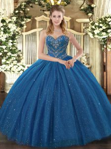 Flirting Teal Ball Gowns Tulle Sweetheart Sleeveless Beading Floor Length Lace Up Vestidos de Quinceanera