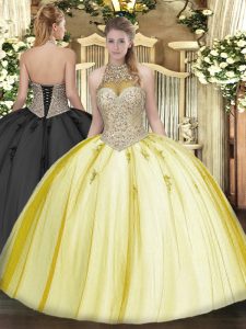 Yellow Quince Ball Gowns Military Ball and Sweet 16 and Quinceanera with Beading and Appliques Halter Top Sleeveless Lac