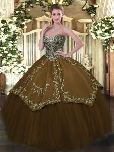 Brown Ball Gowns Sweetheart Sleeveless Taffeta and Tulle Floor Length Lace Up Beading and Embroidery Quinceanera Dresses