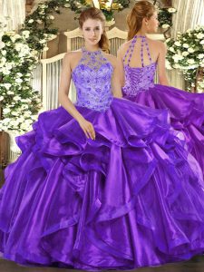 Purple Sleeveless Organza Lace Up Quinceanera Gowns for Military Ball and Quinceanera